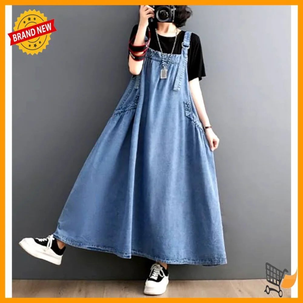Loose Denim Jumper Dress with Adjustable Straps and Pockets - Picture 3 of 6